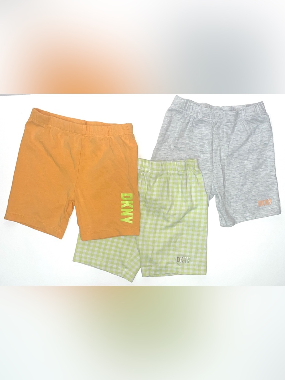 DKNY Girlโs 3-Pack Shorts - Orange, Light Green, Gray Size 6X